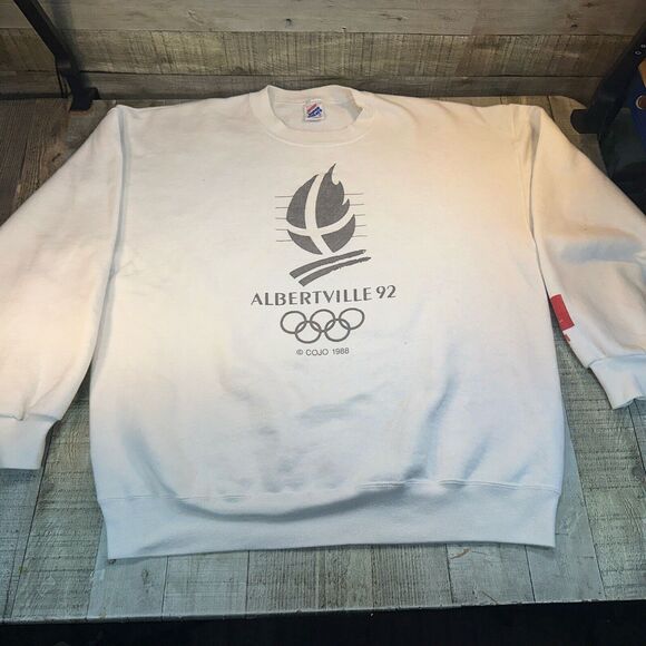 Vintage 92 Albertville Olympics White Crew (XL) Jerzees 3m Promo Reflects - Picture 4 of 9